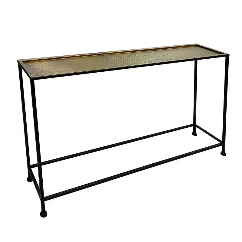 Console de canapé de 48 pouces, plateau en bronze antique martelé artisanal, structure en fer noir industriel