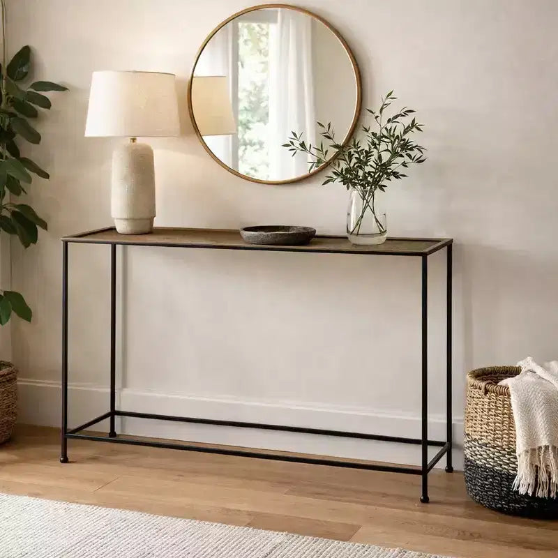 Console de canapé de 48 pouces, plateau en bronze antique martelé artisanal, structure en fer noir industriel