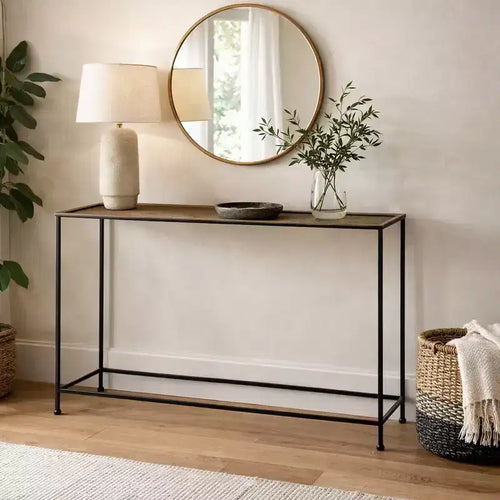 Console de canapé de 48 pouces, plateau en bronze antique martelé artisanal, structure en fer noir industriel