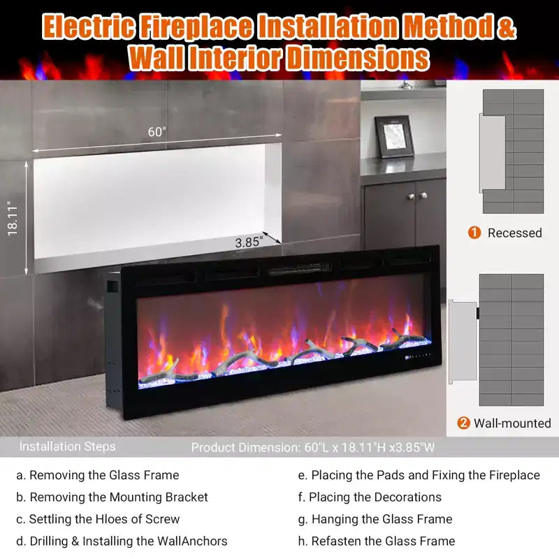 Cheminée électrique 60 pouces, Chauffage de cheminée encastrable avec télécommande, 12 couleurs de flamme, 1500W, 5120 BTU, Écran tactile et contrôle par application