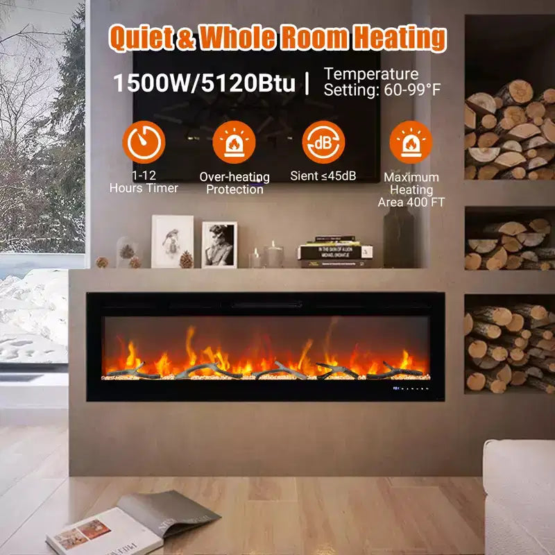 Cheminée électrique 60 pouces, Chauffage de cheminée encastrable avec télécommande, 12 couleurs de flamme, 1500W, 5120 BTU, Écran tactile et contrôle par application