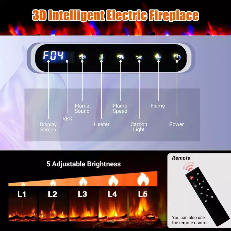 Cheminée électrique 60 pouces, Chauffage de cheminée encastrable avec télécommande, 12 couleurs de flamme, 1500W, 5120 BTU, Écran tactile et contrôle par application