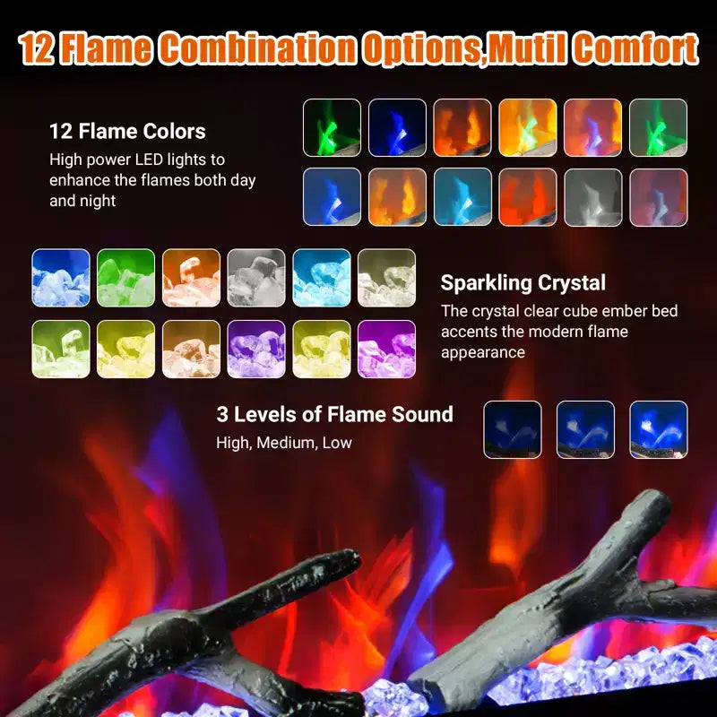 Cheminée électrique 60 pouces, Chauffage de cheminée encastrable avec télécommande, 12 couleurs de flamme, 1500W, 5120 BTU, Écran tactile et contrôle par application