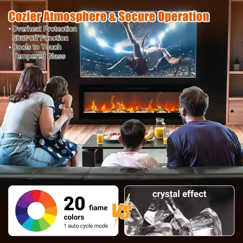 Cheminée électrique 60 pouces, Chauffage de cheminée encastrable avec télécommande, 12 couleurs de flamme, 1500W, 5120 BTU, Écran tactile et contrôle par application