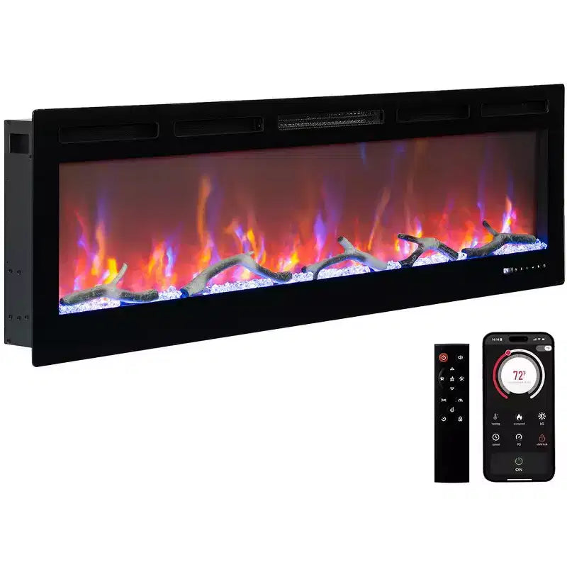 Cheminée électrique 60 pouces, Chauffage de cheminée encastrable avec télécommande, 12 couleurs de flamme, 1500W, 5120 BTU, Écran tactile et contrôle par application