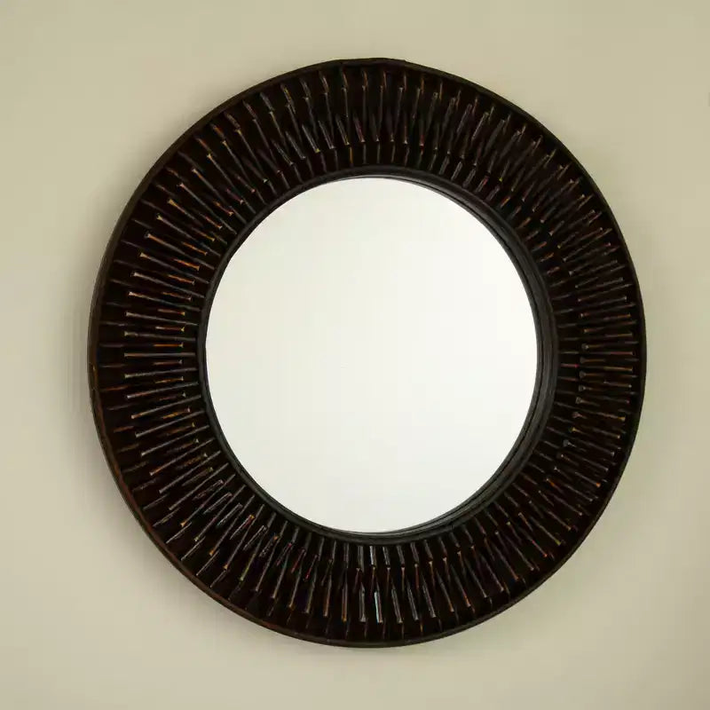 Miroir mural rond en bambou, style milieu de siècle