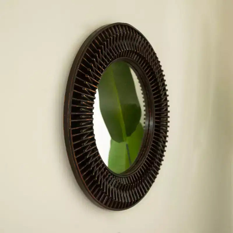 Miroir mural rond en bambou, style milieu de siècle
