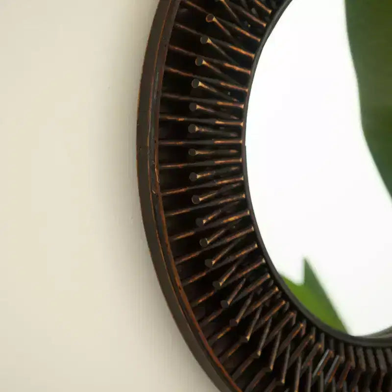 Miroir mural rond en bambou, style milieu de siècle