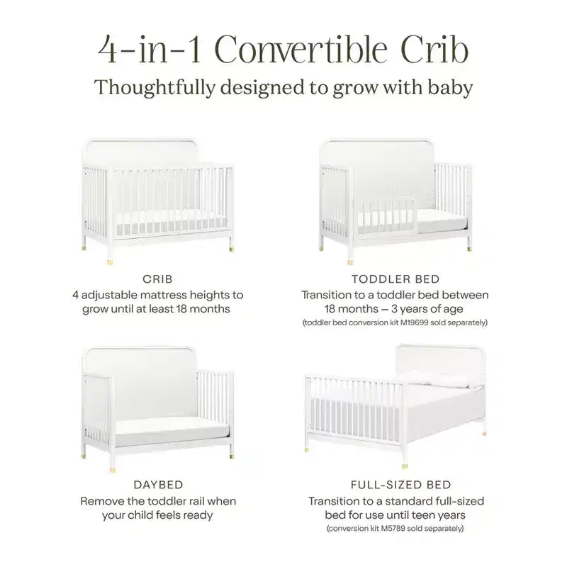 Lit de bébé convertible 4-en-1, blanc chaud, motif tambour avec pieds dorés
