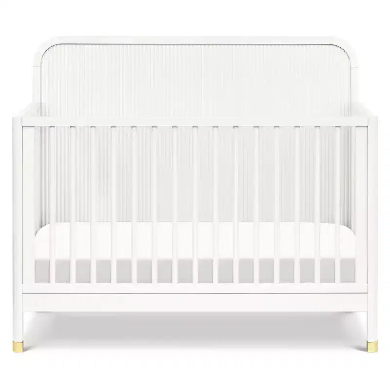Lit de bébé convertible 4-en-1, blanc chaud, motif tambour avec pieds dorés
