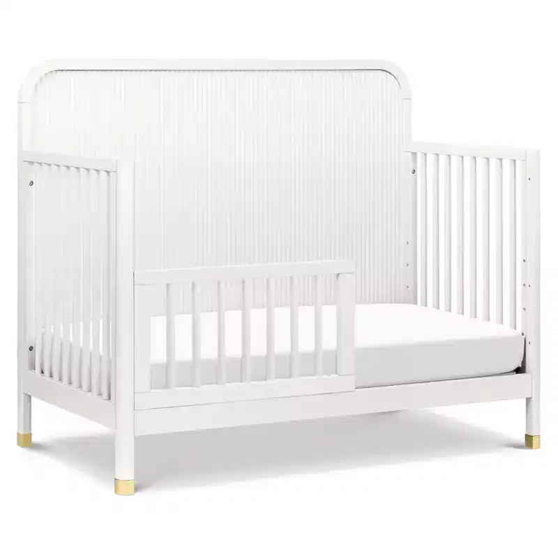 Lit de bébé convertible 4-en-1, blanc chaud, motif tambour avec pieds dorés