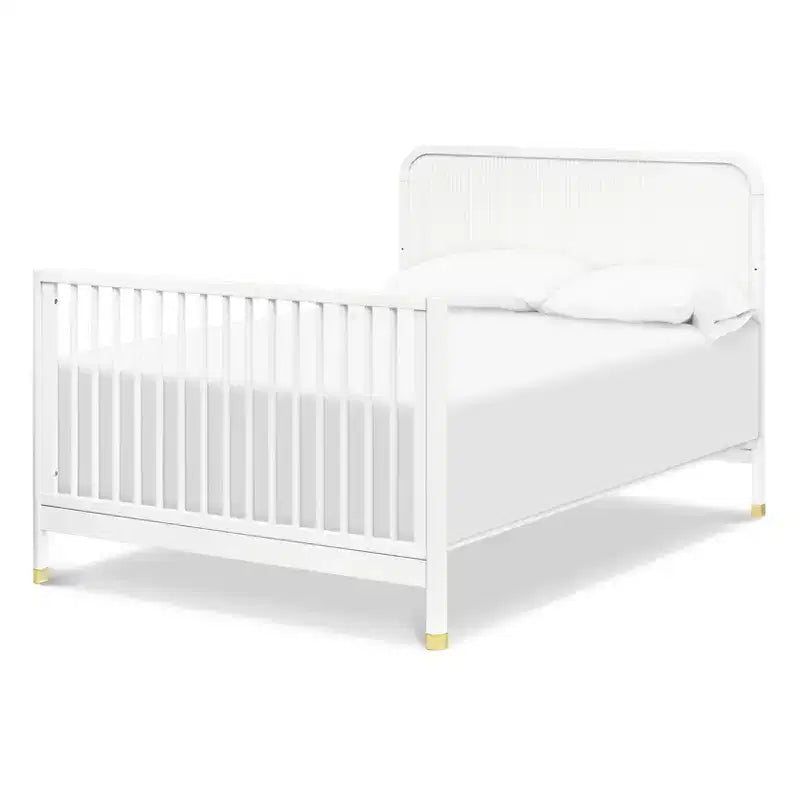Lit de bébé convertible 4-en-1, blanc chaud, motif tambour avec pieds dorés