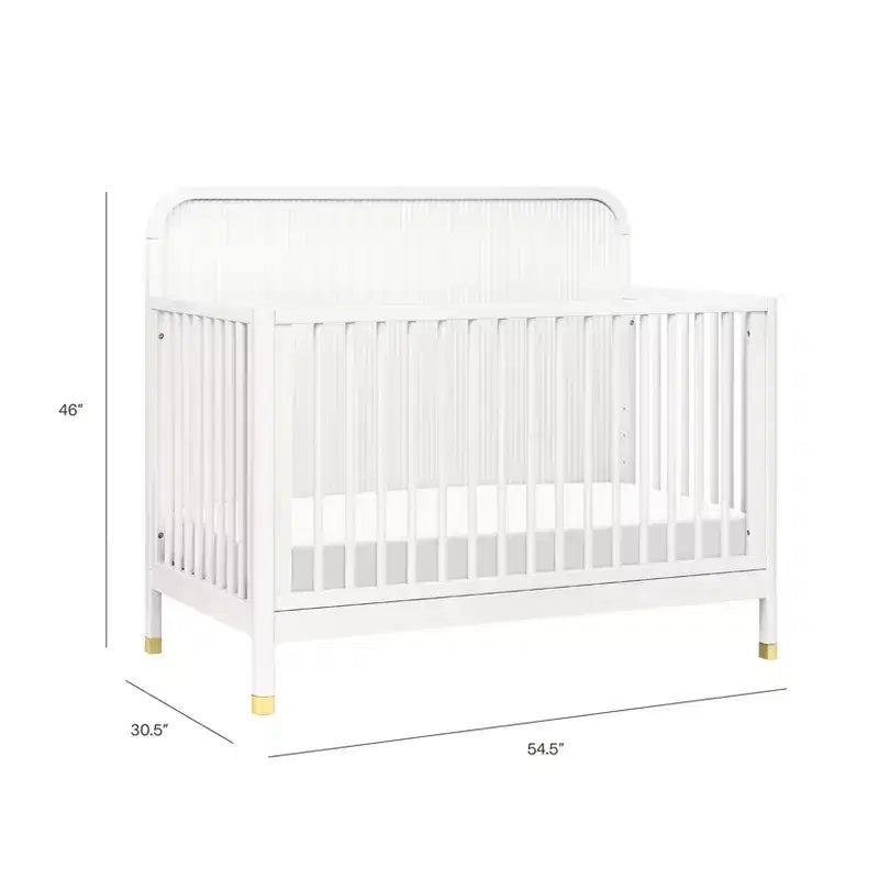 Lit de bébé convertible 4-en-1, blanc chaud, motif tambour avec pieds dorés