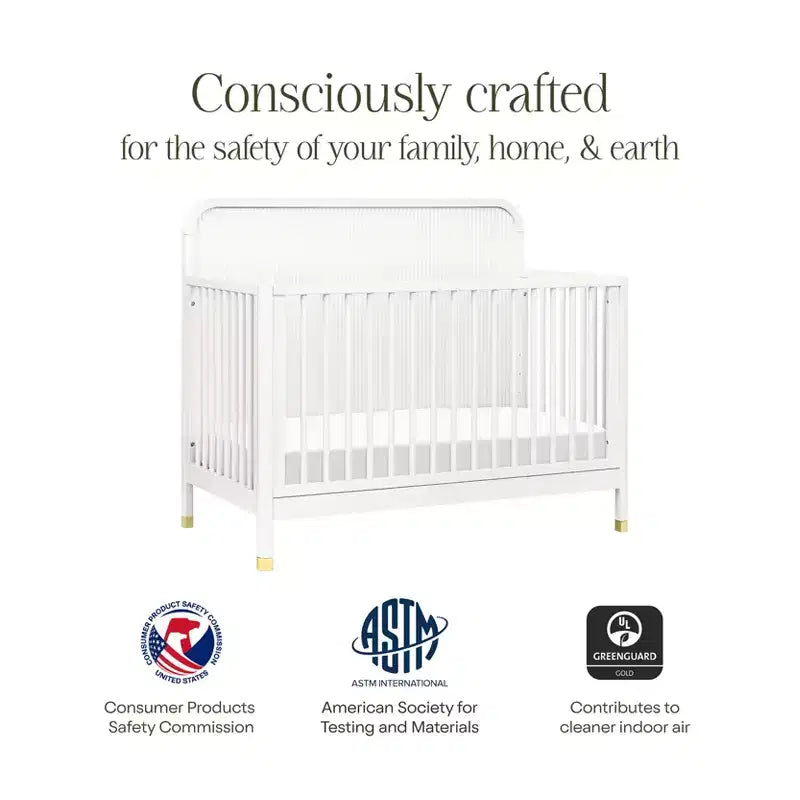 Lit de bébé convertible 4-en-1, blanc chaud, motif tambour avec pieds dorés