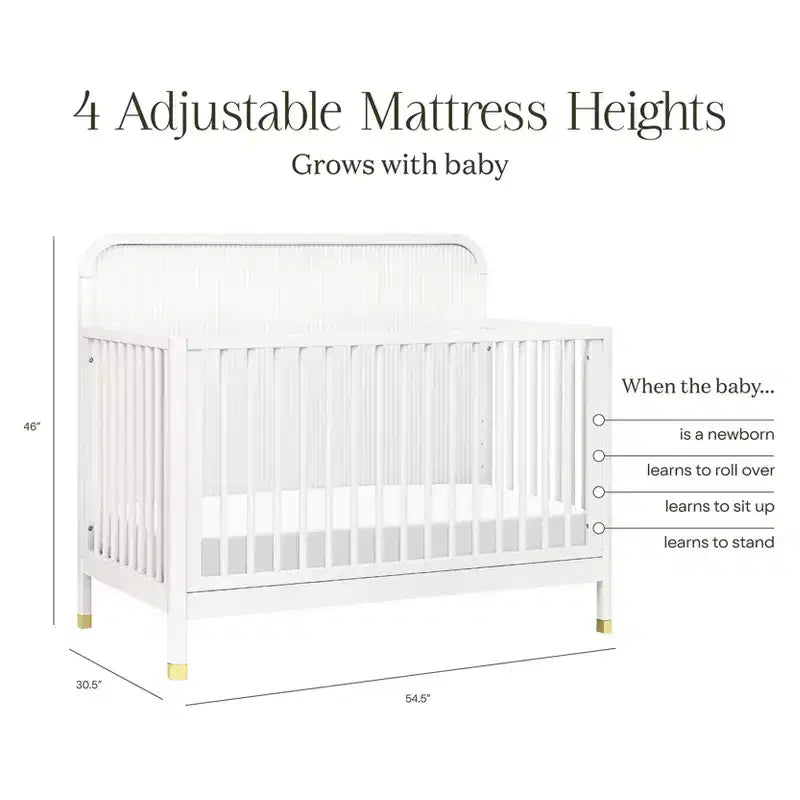 Lit de bébé convertible 4-en-1, blanc chaud, motif tambour avec pieds dorés