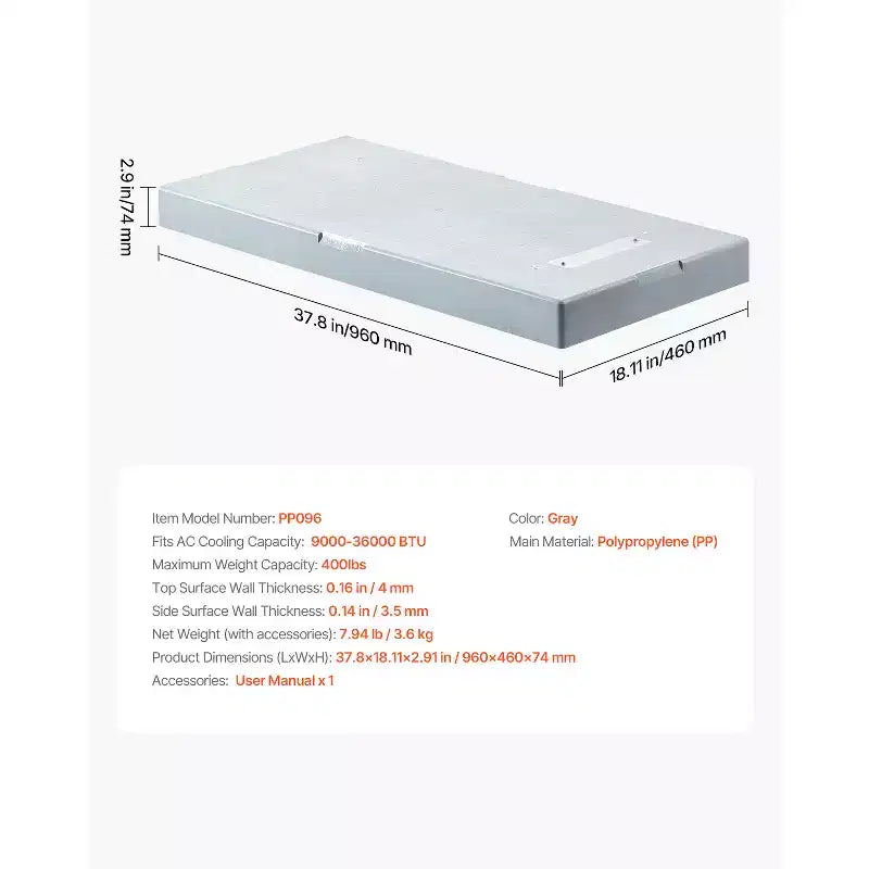Mini Split Pad, patin de condenseur anti-vibration pour systèmes de pompe à chaleur CVC sans conduit 9000-36000 BTU, 38x18x3 pouces, gris