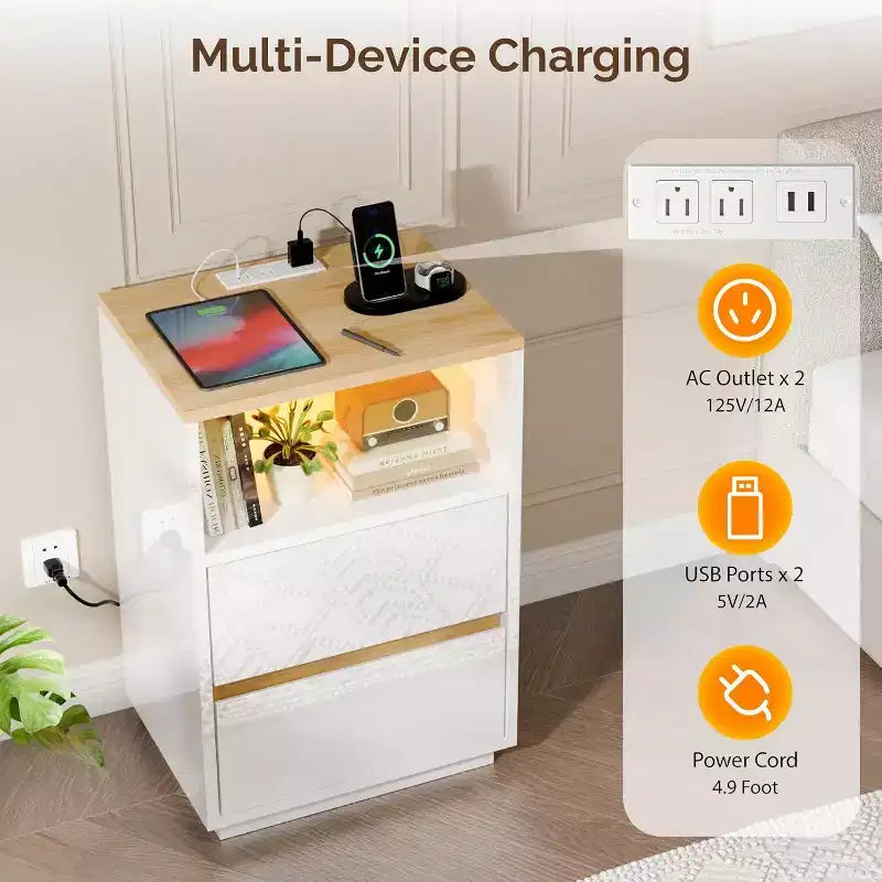Table de chevet blanche avec station de recharge, table de nuit LED laquée avec tiroirs, table d'appoint