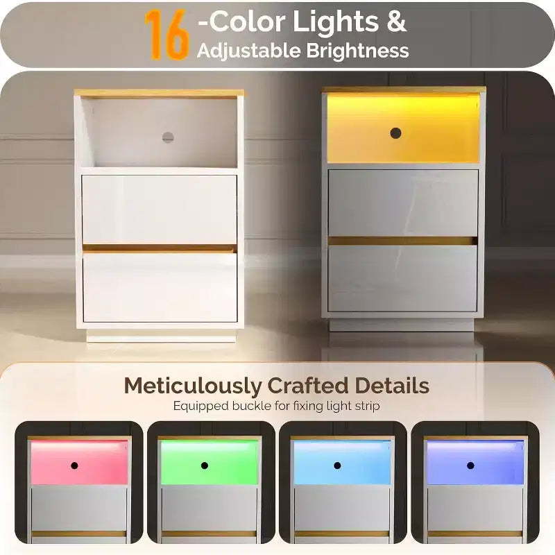 Table de chevet blanche avec station de recharge, table de nuit LED laquée avec tiroirs, table d'appoint
