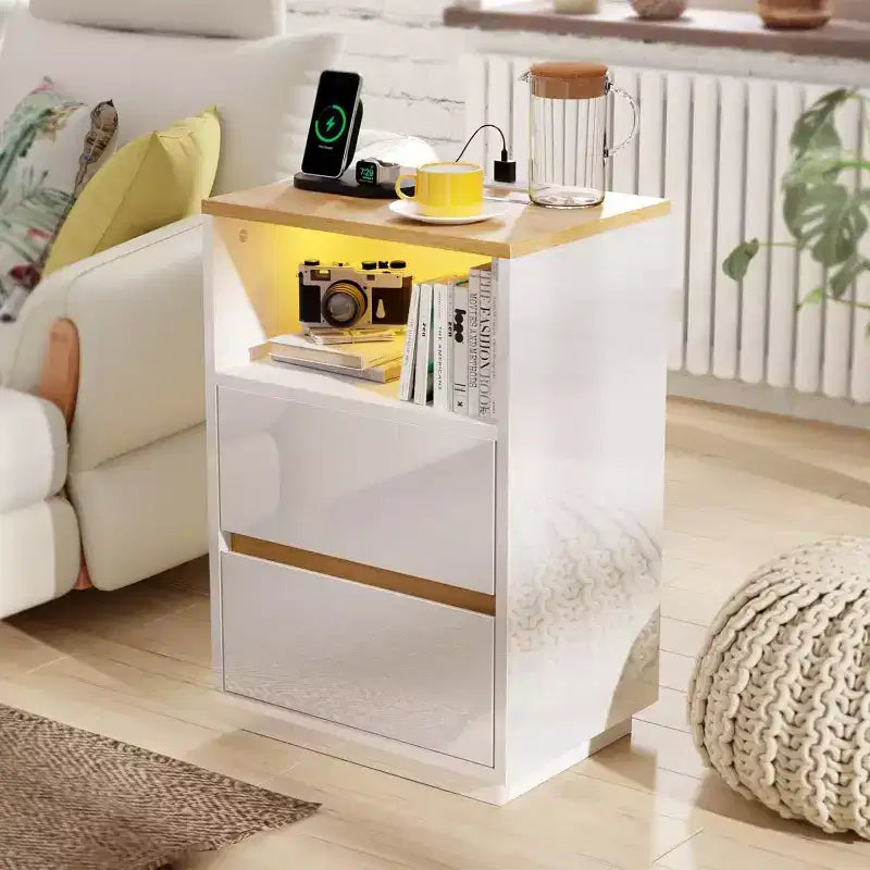 Table de chevet blanche avec station de recharge, table de nuit LED laquée avec tiroirs, table d'appoint