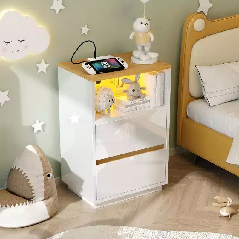 Table de chevet blanche avec station de recharge, table de nuit LED laquée avec tiroirs, table d'appoint