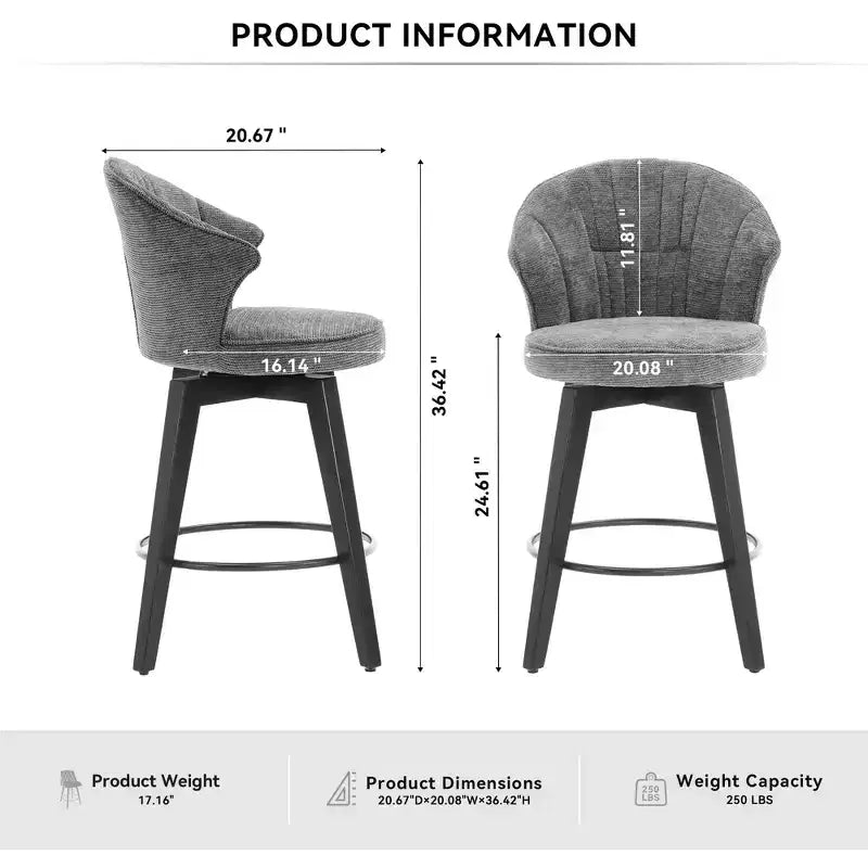 Lot de 2 tabourets de bar pivotants à dossier ailé avec siège rembourré et pieds en bois, gris