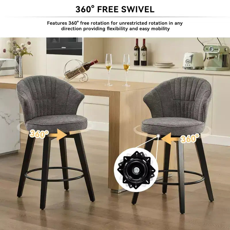 Lot de 2 tabourets de bar pivotants à dossier ailé avec siège rembourré et pieds en bois, gris