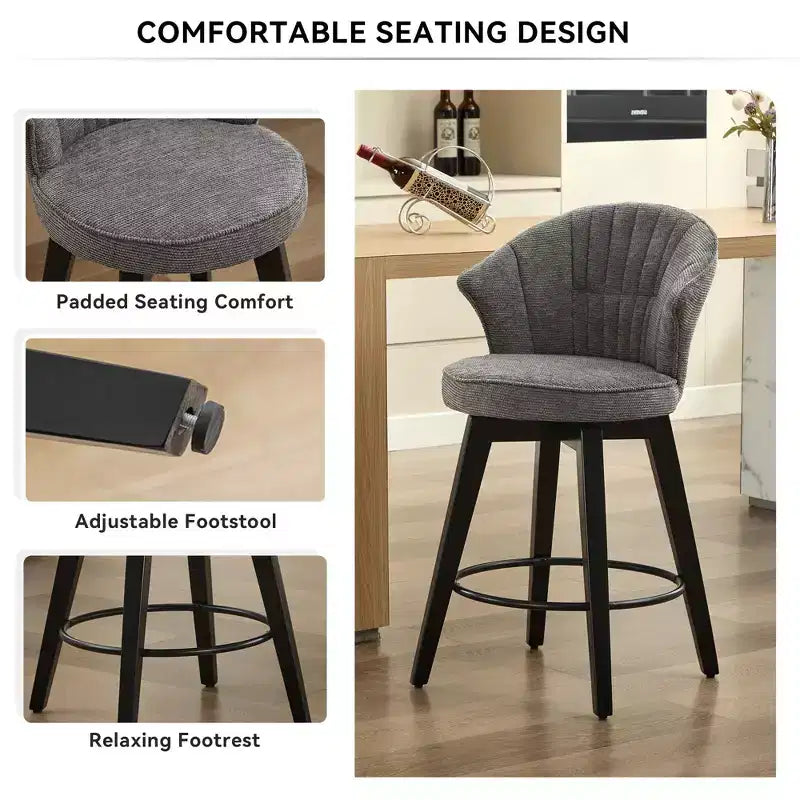 Lot de 2 tabourets de bar pivotants à dossier ailé avec siège rembourré et pieds en bois, gris