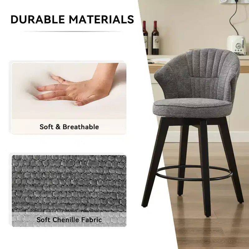 Lot de 2 tabourets de bar pivotants à dossier ailé avec siège rembourré et pieds en bois, gris