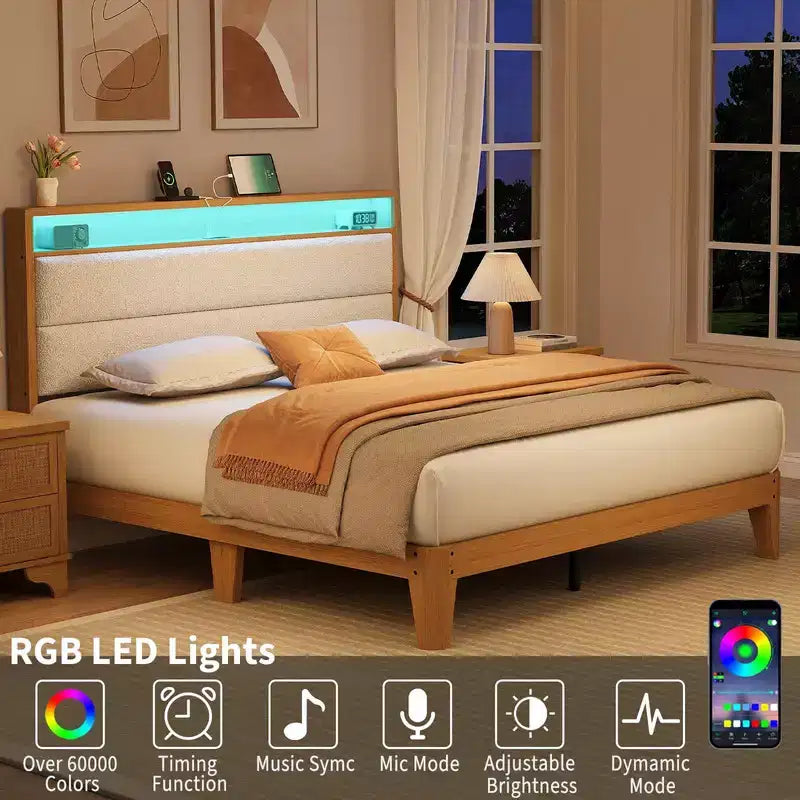 Lit rembourré en bouclé avec lumière LED RGB et station de charge, tête de lit de rangement à 2 niveaux et support à lattes en bois