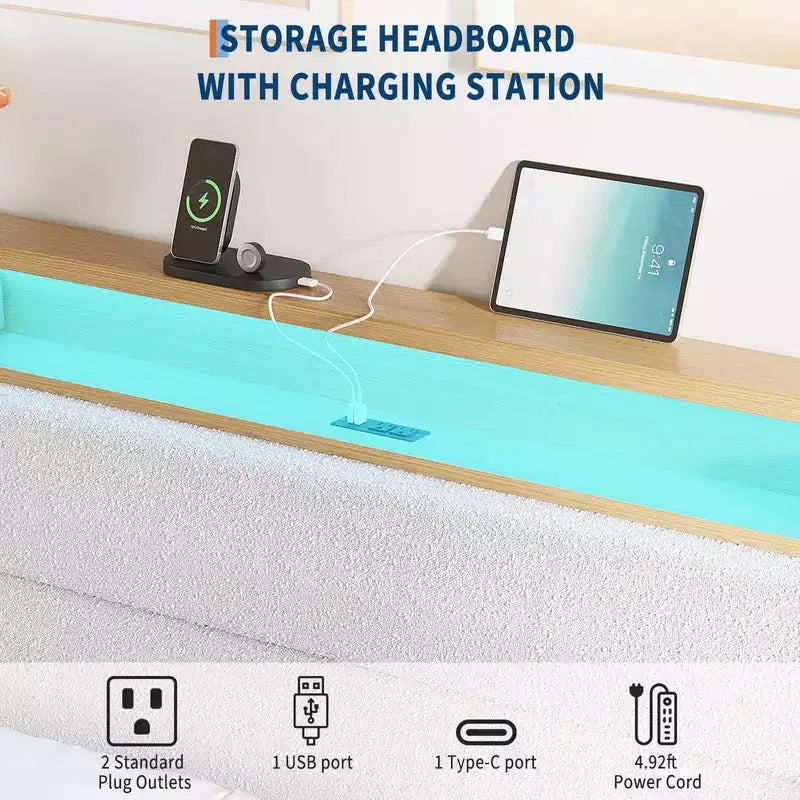 Lit rembourré en bouclé avec lumière LED RGB et station de charge, tête de lit de rangement à 2 niveaux et support à lattes en bois