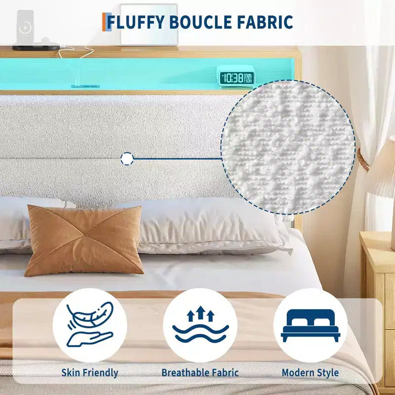 Lit rembourré en bouclé avec lumière LED RGB et station de charge, tête de lit de rangement à 2 niveaux et support à lattes en bois