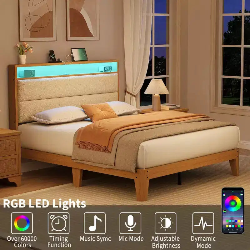 Lit rembourré en bouclé avec lumière LED RGB et station de charge, tête de lit de rangement à 2 niveaux et support à lattes en bois