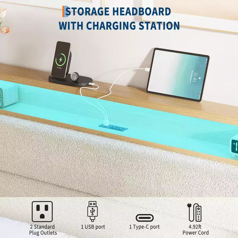 Lit rembourré en bouclé avec lumière LED RGB et station de charge, tête de lit de rangement à 2 niveaux et support à lattes en bois