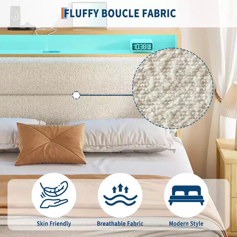 Lit rembourré en bouclé avec lumière LED RGB et station de charge, tête de lit de rangement à 2 niveaux et support à lattes en bois