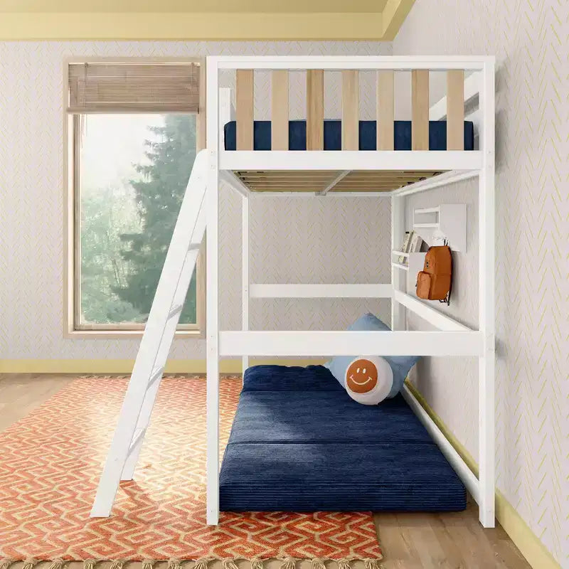 Lit mezzanine double haut scandinave pour enfants, en bois de pin massif, design peu encombrant