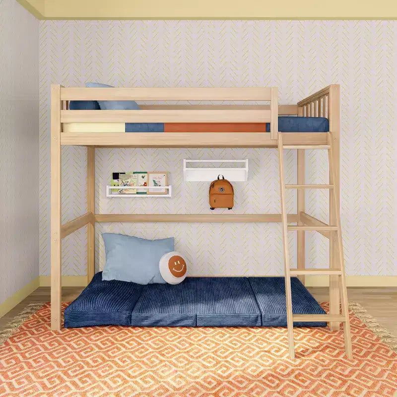 Lit mezzanine double haut scandinave pour enfants, en bois de pin massif, design peu encombrant
