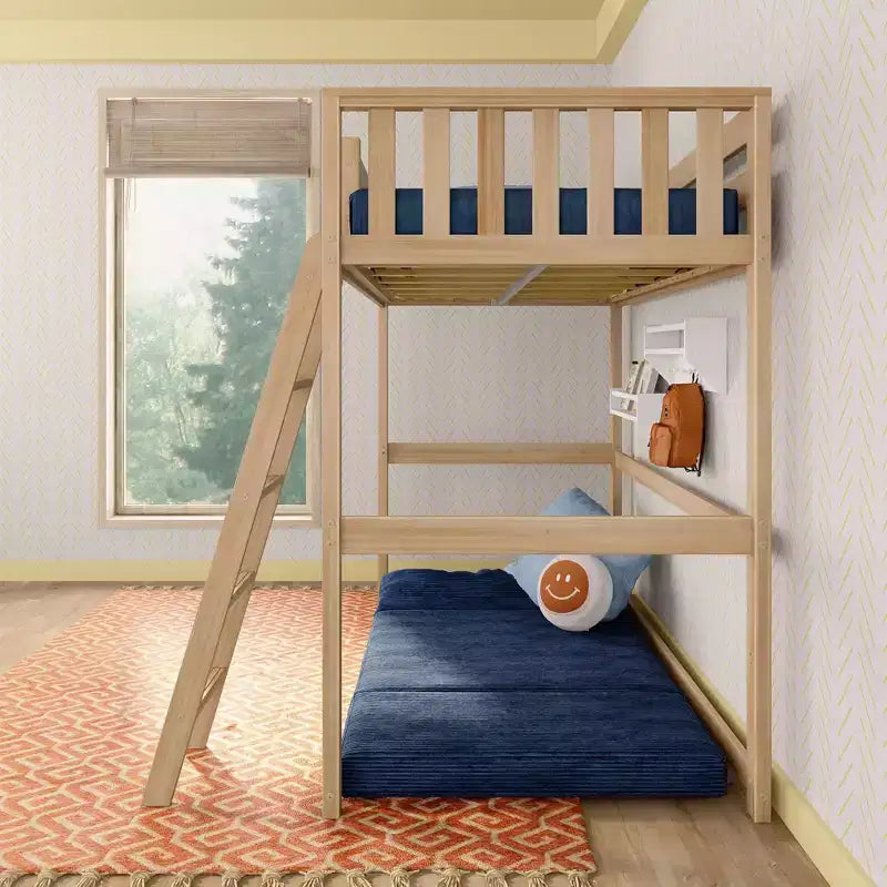 Lit mezzanine double haut scandinave pour enfants, en bois de pin massif, design peu encombrant