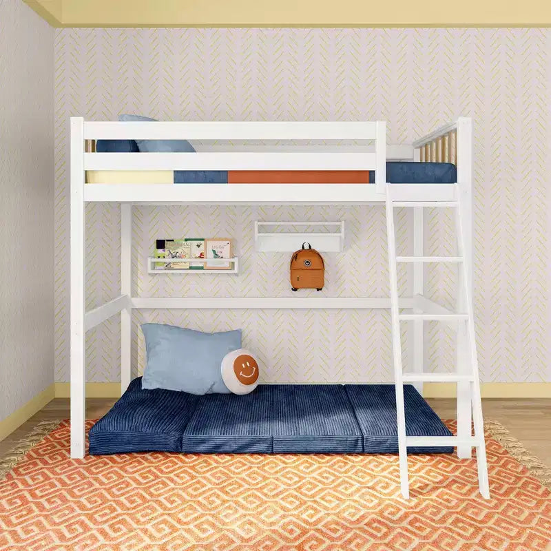 Lit mezzanine double haut scandinave pour enfants, en bois de pin massif, design peu encombrant