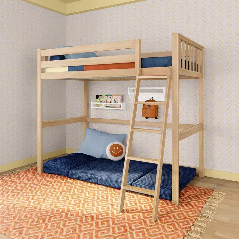 Lit mezzanine double haut scandinave pour enfants, en bois de pin massif, design peu encombrant