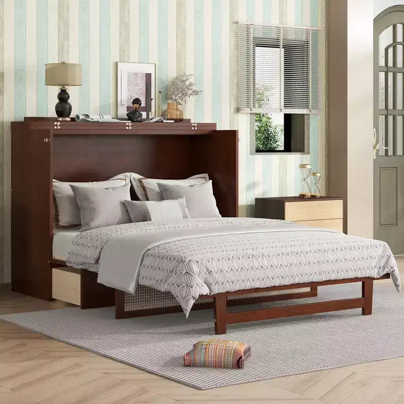 Lit escamotable Queen size, lit armoire en bois de pin avec décorations en rotin et tiroir de rangement, Noyer