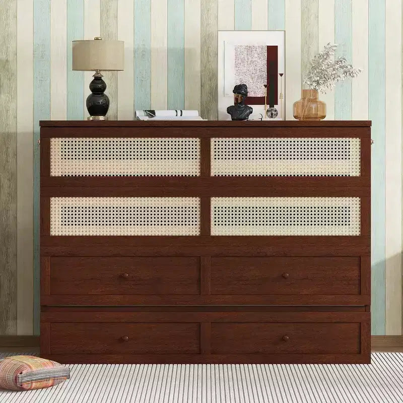 Lit escamotable Queen size, lit armoire en bois de pin avec décorations en rotin et tiroir de rangement, Noyer