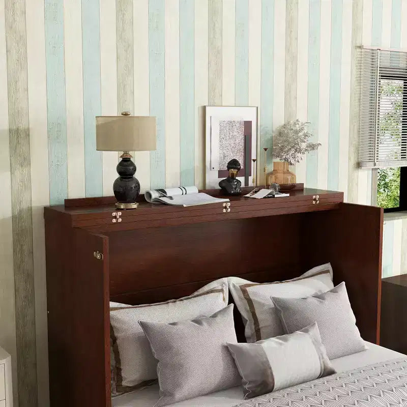 Lit escamotable Queen size, lit armoire en bois de pin avec décorations en rotin et tiroir de rangement, Noyer