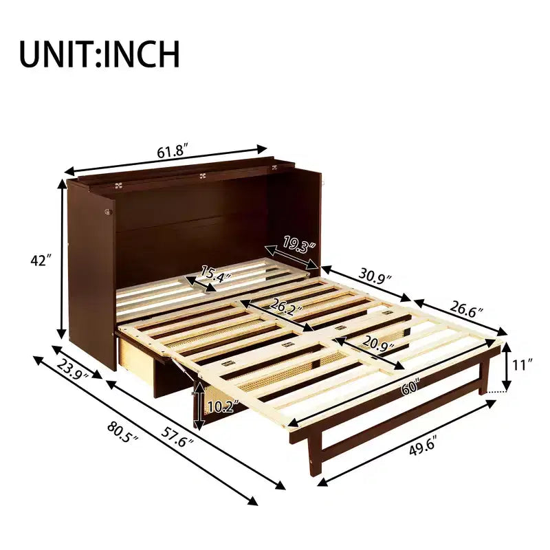 Lit escamotable Queen size, lit armoire en bois de pin avec décorations en rotin et tiroir de rangement, Noyer