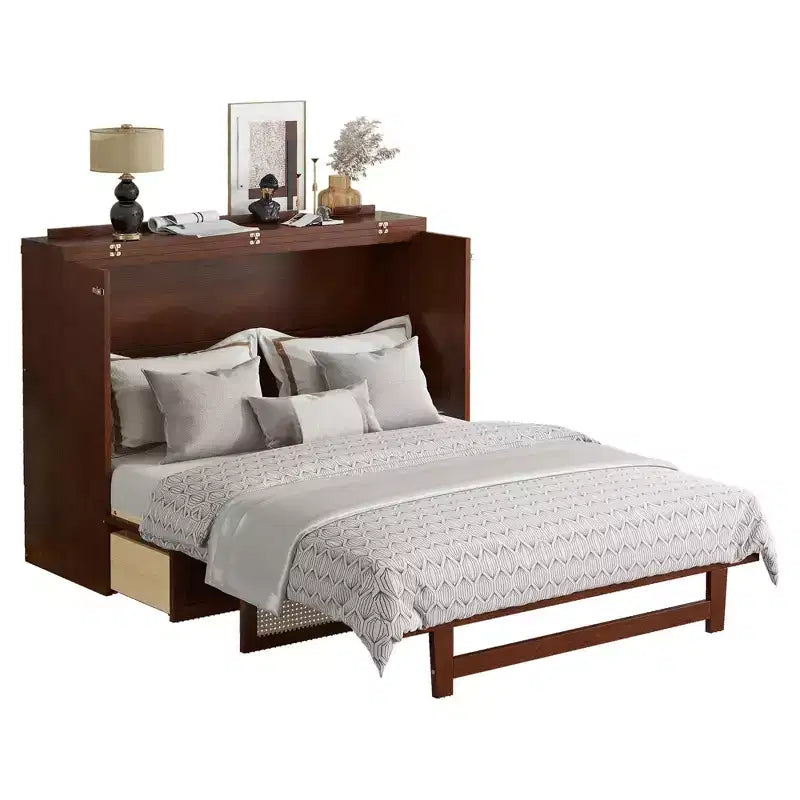 Lit escamotable Queen size, lit armoire en bois de pin avec décorations en rotin et tiroir de rangement, Noyer