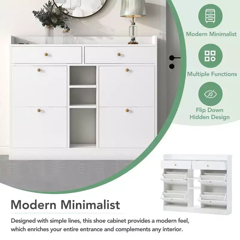 Meuble à chaussures autoportant moderne avec étagères réglables/tiroirs basculants, porte-chaussures minimaliste pour les couloirs et les entrées