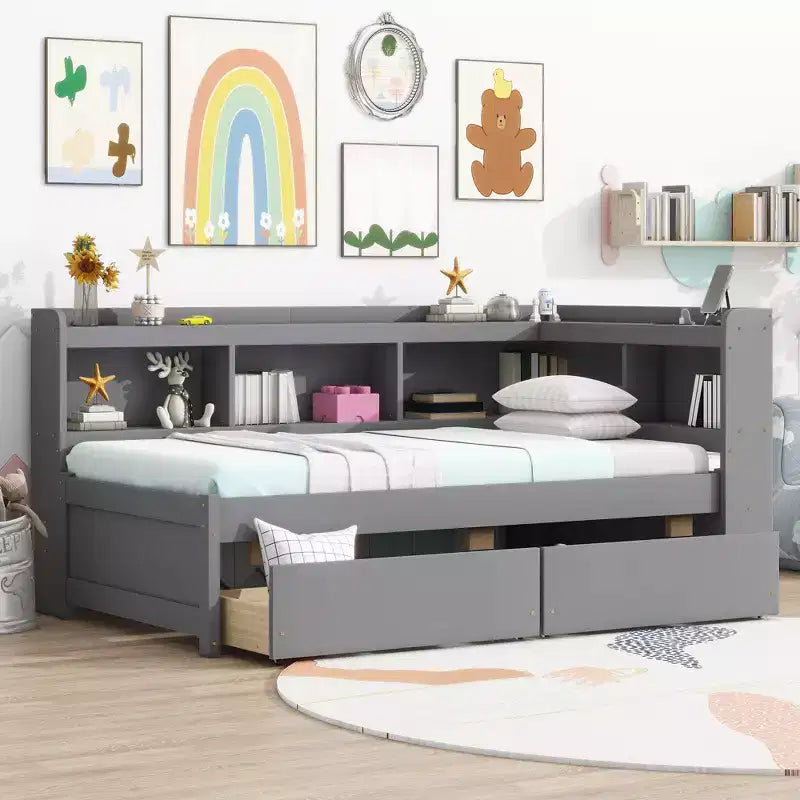 Lit mezzanine d'angle en L avec cadre en bois de pin, deux tiroirs pour chambre à coucher, gris