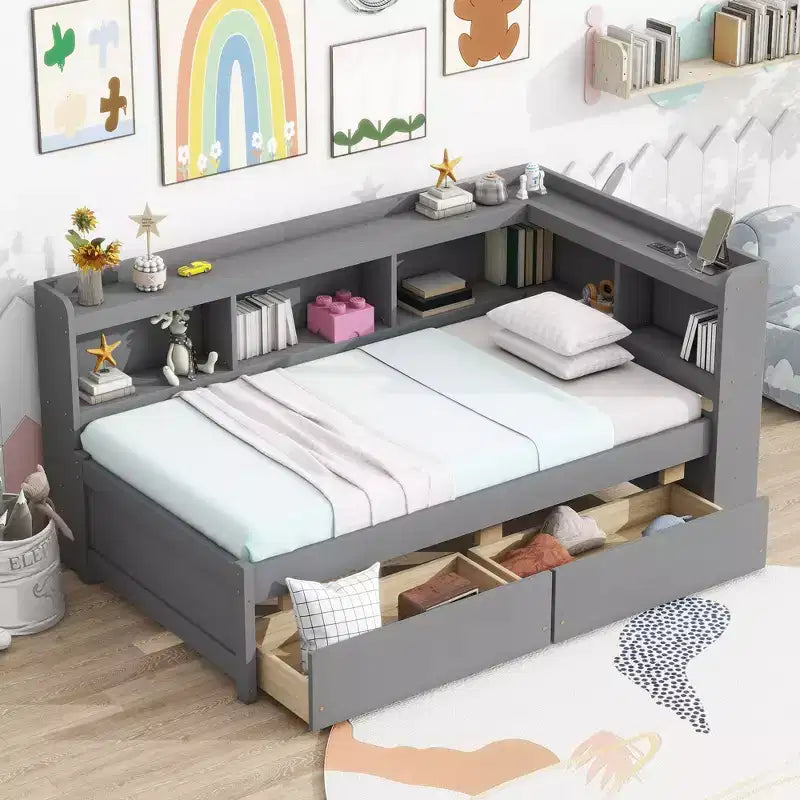 Lit mezzanine d'angle en L avec cadre en bois de pin, deux tiroirs pour chambre à coucher, gris