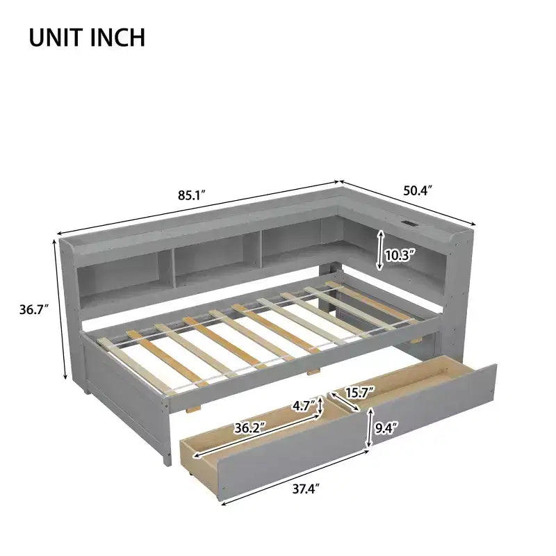 Lit mezzanine d'angle en L avec cadre en bois de pin, deux tiroirs pour chambre à coucher, gris