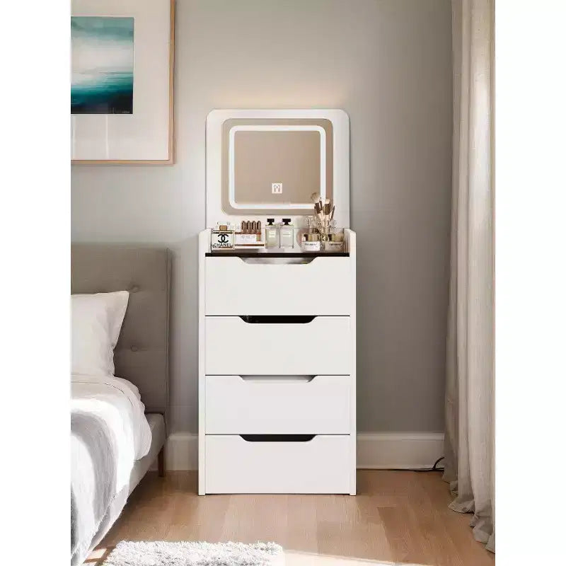 Coiffeuse 3 en 1 avec miroir rabattable, coiffeuse compacte avec plateau en verre et tabouret rembourré, coiffeuse pour chambre à coucher