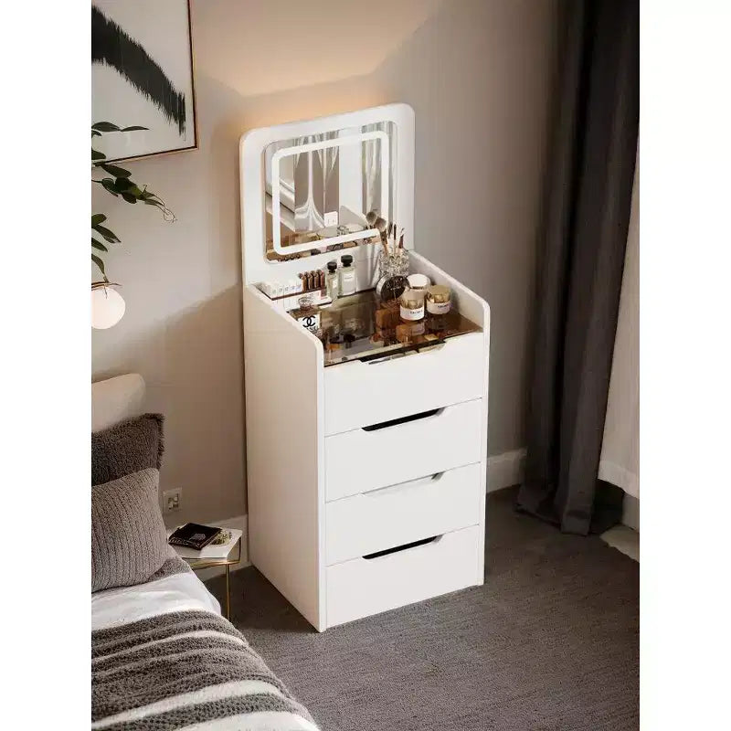 Coiffeuse 3 en 1 avec miroir rabattable, coiffeuse compacte avec plateau en verre et tabouret rembourré, coiffeuse pour chambre à coucher